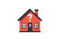 Red house with white question mark symbol on facade against white background, representing real estate questions, property decisions, and housing market uncertainty.