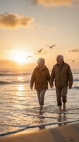 Senior couple holding hands walking on beach at sunset with seagulls flying overhead during romantic evening stroll by ocean waves in golden light.