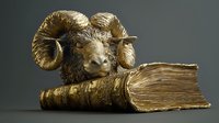 Golden ram head sculpture resting on antique leather-bound book against dark background, dramatic lighting highlights intricate horn details and textured metallic surface.