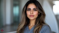 Young female medical professional in gray scrubs with long brown ombre hair smiling confidently at camera in hospital hallway setting. Professional healthcare portrait.