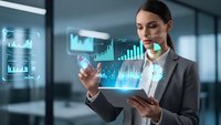 Professional businesswoman analyzing holographic financial data and charts in modern office environment with digital technology interface.