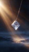 Crystal diamond pendant on silver chain catching light rays against dramatic stormy sky background, creating magical atmosphere for jewelry advertising.