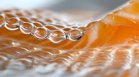Macro photography of water drops forming chain pattern on orange textured surface with selective focus creating artistic abstract composition.