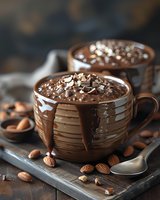 Rich hot chocolate topped with melted chocolate drips and chopped almonds in brown ceramic cups, served on rustic wooden surface with scattered nuts and spoon.