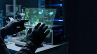 Futuristic holographic interface with glowing green data visualization being operated by hands in dark tech environment for digital innovation concepts.