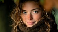 Young blonde woman with blue eyes wearing cozy knit scarf smiling warmly in soft natural lighting for lifestyle and fashion content.