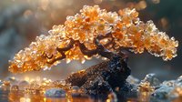 Glowing orange crystal formation on dark rock with bokeh background creates magical natural mineral composition. Macro photography reveals delicate structure.