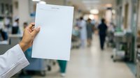 Person holding blank white document in hospital corridor with medical staff and patients in background, suitable for healthcare communications and medical documentation concepts.