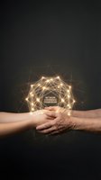 Two hands holding glowing network mesh sphere with interconnected lines and light nodes against dark background, representing digital connectivity, data sharing, and collaborative technology solutions.