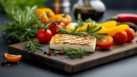 Grilled halloumi cheese with fresh cherry tomatoes and rosemary herbs on wooden cutting board. Mediterranean cuisine ingredients in dark moody setting.