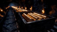 Glowing hot wood pellets in black container with warm bokeh lights background, sustainable biomass fuel for heating and energy production.