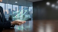Businessman presenting holographic financial growth charts and data analytics in modern office environment for business strategy and investment planning.