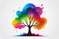 Vibrant rainbow tree silhouette with colorful paint splash effect crown and dripping colors against white background, suitable for logo design and creative projects.