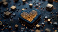 Digital heart shape formed by glowing circuit board traces and components on dark blue PCB, macro photography with selective focus and warm lighting.