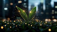 Young green sprout with glowing magical sparkles emerging at night against blurred city lights background, symbolizing growth, hope and new beginnings.