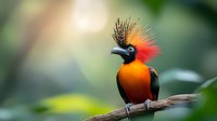 Vibrant orange and black regent bowerbird with distinctive spiky crest perched on branch against soft blurred natural background, displaying exotic plumage in sunlight.
