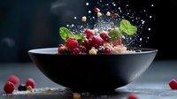 Fresh raspberries and blueberries with mint leaves falling into black ceramic bowl with water splash and sugar powder against dark background.
