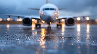 Commercial passenger aircraft on wet runway during rainfall with dramatic lighting and bokeh reflections from landing lights in water droplets on tarmac at dusk.