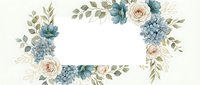 Elegant floral frame with dusty blue hydrangeas, blush roses and eucalyptus leaves on white background. Wedding invitation border design template.