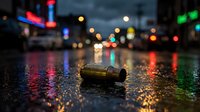 Spent bullet casing lies on wet urban street at night with blurred city lights and neon signs reflecting on pavement surface.