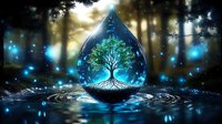 Glowing tree of life in water drop reflects magical forest with blue fireflies, creating mystical nature scene with rippling water surface and ethereal light effects.