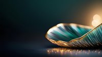 Delicate turquoise feather with golden edges lying on dark background with soft bokeh lights creating dreamy atmosphere. Macro photography captures intricate details and textures.