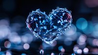 Glowing heart shape formed by water splashes and droplets against dark background with blue bokeh lights creates romantic atmosphere and magical effect.