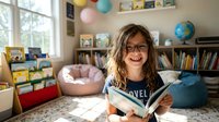 Happy young girl with glasses reading book in colorful classroom library with educational materials and learning resources for students.