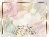 Watercolor floral arrangement with soft pink roses and eucalyptus leaves on pastel background with gold frame border, suitable for wedding invitations and greeting cards.