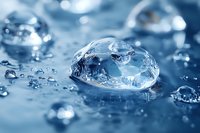 Macro photography of transparent water drop with delicate frozen structure and air bubbles on blue surface, creating abstract natural pattern with bokeh light effects.