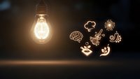 Glowing lightbulb with floating creative icons representing innovation, brainstorming and idea generation in dark atmospheric setting.