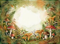 Enchanted forest frame with mushrooms, ferns and autumn leaves creating magical border with copy space for text and design projects.