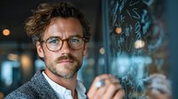 Professional Caucasian businessman with glasses and beard writing on glass board in modern office environment for corporate presentations and meetings.