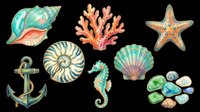 Watercolor ocean clipart set with seashells, coral, starfish, seahorse, anchor, and sea glass, isolated on transparent background. Ready for t-shirt design, stickers, and print on demand.