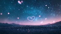 Glowing heart shape floating in starry night sky with pink bokeh lights and mountain silhouette, romantic dreamy atmosphere for Valentine's Day designs.