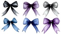 Watercolor bows in purple, blue, and black shades on white background. Decorative ribbon elements with delicate transparent effect and soft gradient coloring.