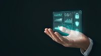 Business hand presenting holographic data analytics dashboard with charts, graphs and security icons on dark background for technology presentations.