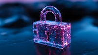 Glowing transparent padlock with pink and blue neon lights against dark background creates futuristic cybersecurity concept for digital protection and data privacy.