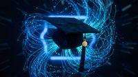 Graduation cap with digital light trails and glowing effects representing education technology, online learning achievement and academic success in modern era.
