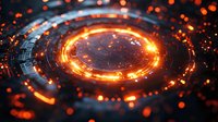 Futuristic glowing orange energy ring with digital elements and particles on dark background, abstract technological portal with light effects.