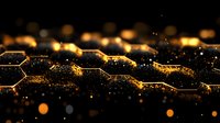 Glowing golden honeycomb pattern with sparkling particles and bokeh lights on dark background creates futuristic technological atmosphere.