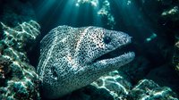 Spotted moray eel hiding in coral reef crevice with mouth open showing teeth in tropical underwater marine environment with sunlight filtering through water.