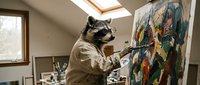 Raccoon artist wearing white shirt painting colorful abstract artwork on canvas in bright attic art studio with easel and brushes.
