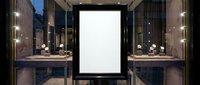 Luxury retail storefront with illuminated display window and blank signage space for branding, advertising, and commercial marketing purposes.