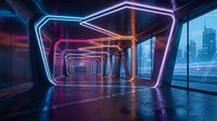 Futuristic neon tunnel with glowing geometric frames in purple, blue and orange colors creating perspective corridor for modern technology concepts.