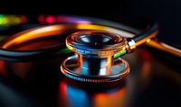 Medical stethoscope on dark background with dramatic colorful lighting effects and reflections, modern healthcare concept for medical presentations.