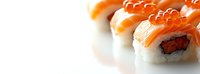 Delicious salmon and caviar sushi rolls arranged on white background, showcasing vibrant orange roe and fresh fish for restaurant menu or food blog.