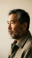 Senior Asian man with gray beard and dark hair in profile view wearing olive collared shirt against neutral background for portrait and character representation.