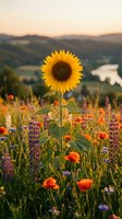 Single sunflower blooming in colorful wildflower meadow at golden hour sunset with mountain landscape background for nature and agriculture concepts.