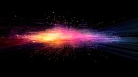 Vibrant cosmic explosion with colorful light particles bursting in space, featuring pink, purple, orange and blue rays radiating from central bright point against black background.